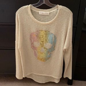 Tan sweater with rainbow & gold skull. Size M